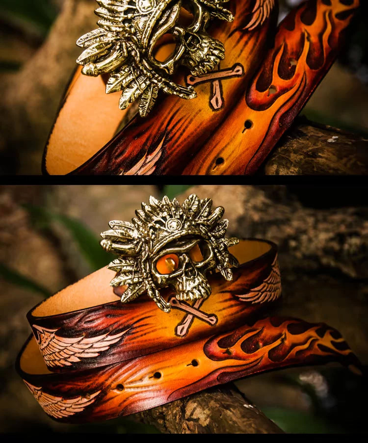 Skull Flame Tooled Leather Biker Belt with Brass Buckle – Brass buckle detail
