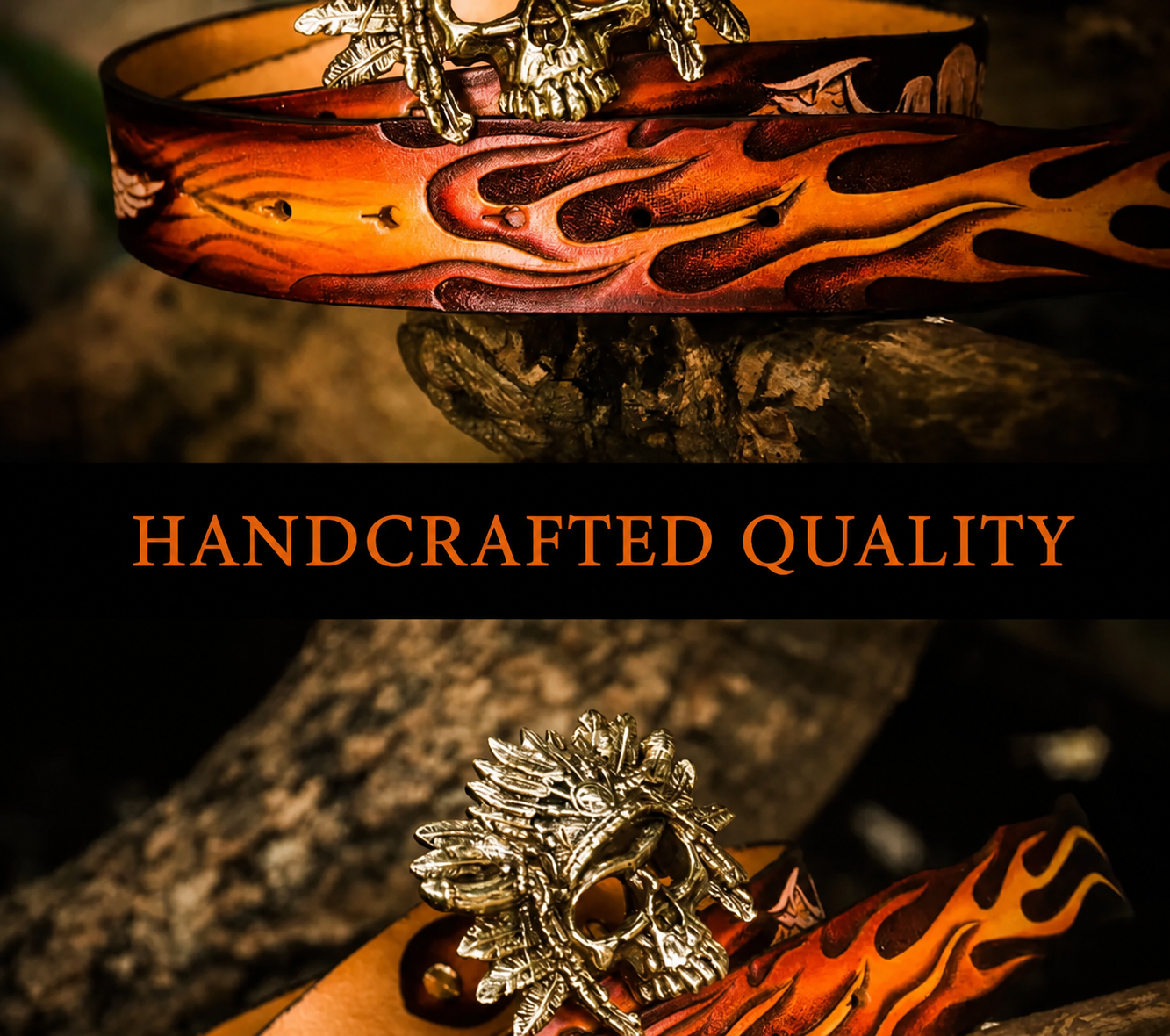 Skull Flame Tooled Leather Biker Belt with Brass Buckle – Handcrafted quality detail