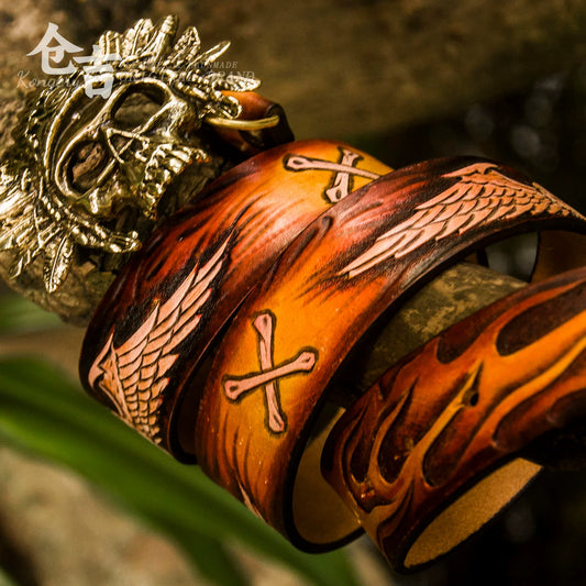 Skull Flame Tooled Leather Biker Belt with Brass Buckle – Complete skull flame belt