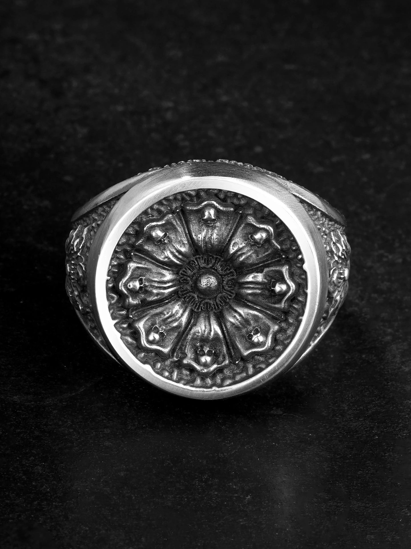 Skull Flower 925 Sterling Silver Biker Signet Ring product view 2