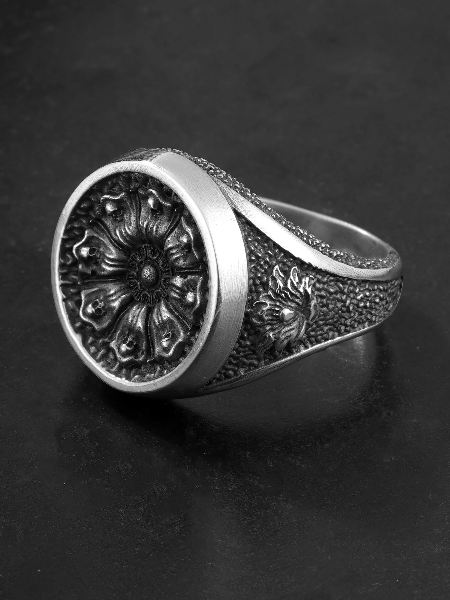 Skull Flower 925 Sterling Silver Biker Signet Ring product view 3