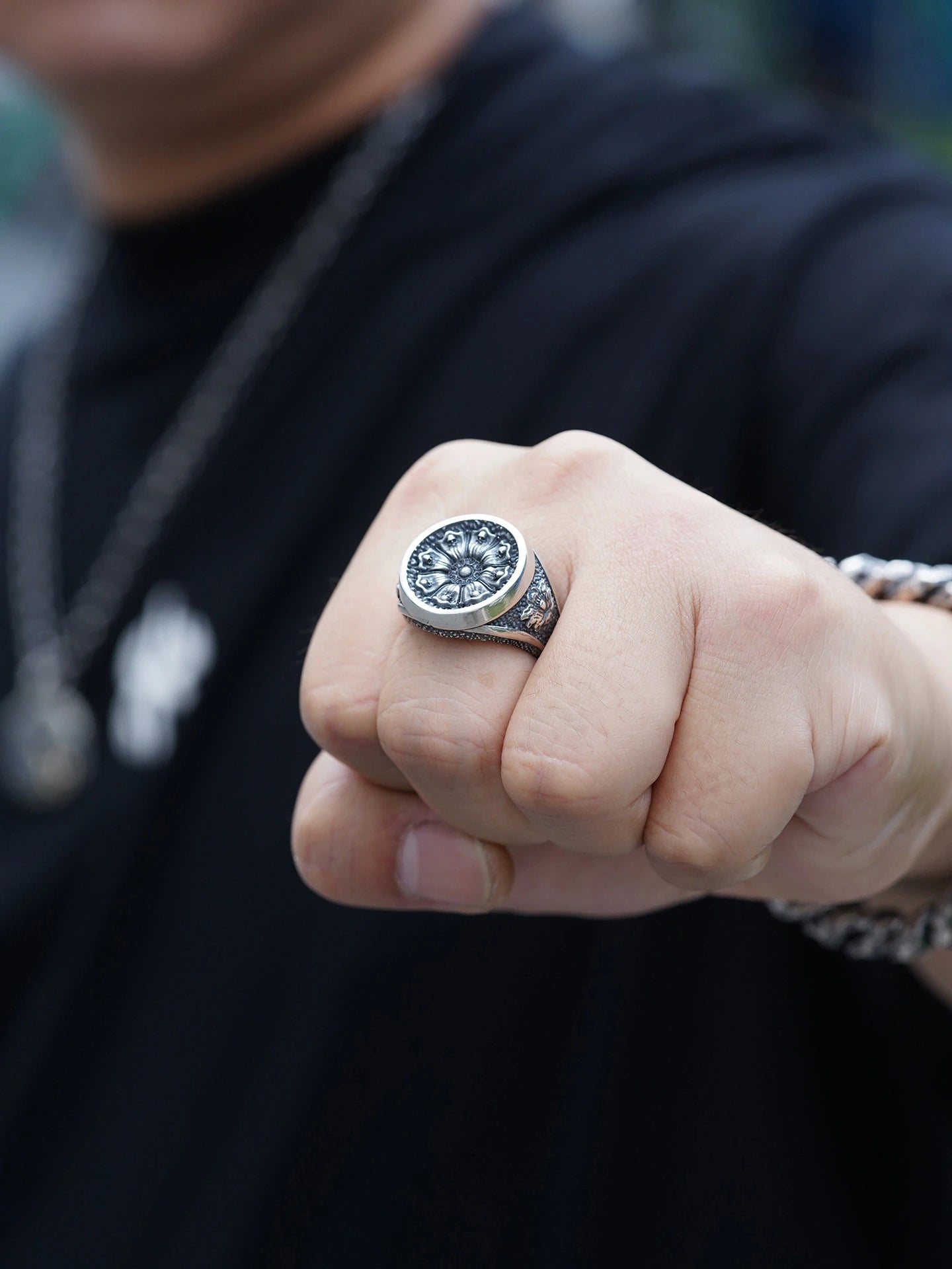 Skull Flower 925 Sterling Silver Biker Signet Ring product view 4