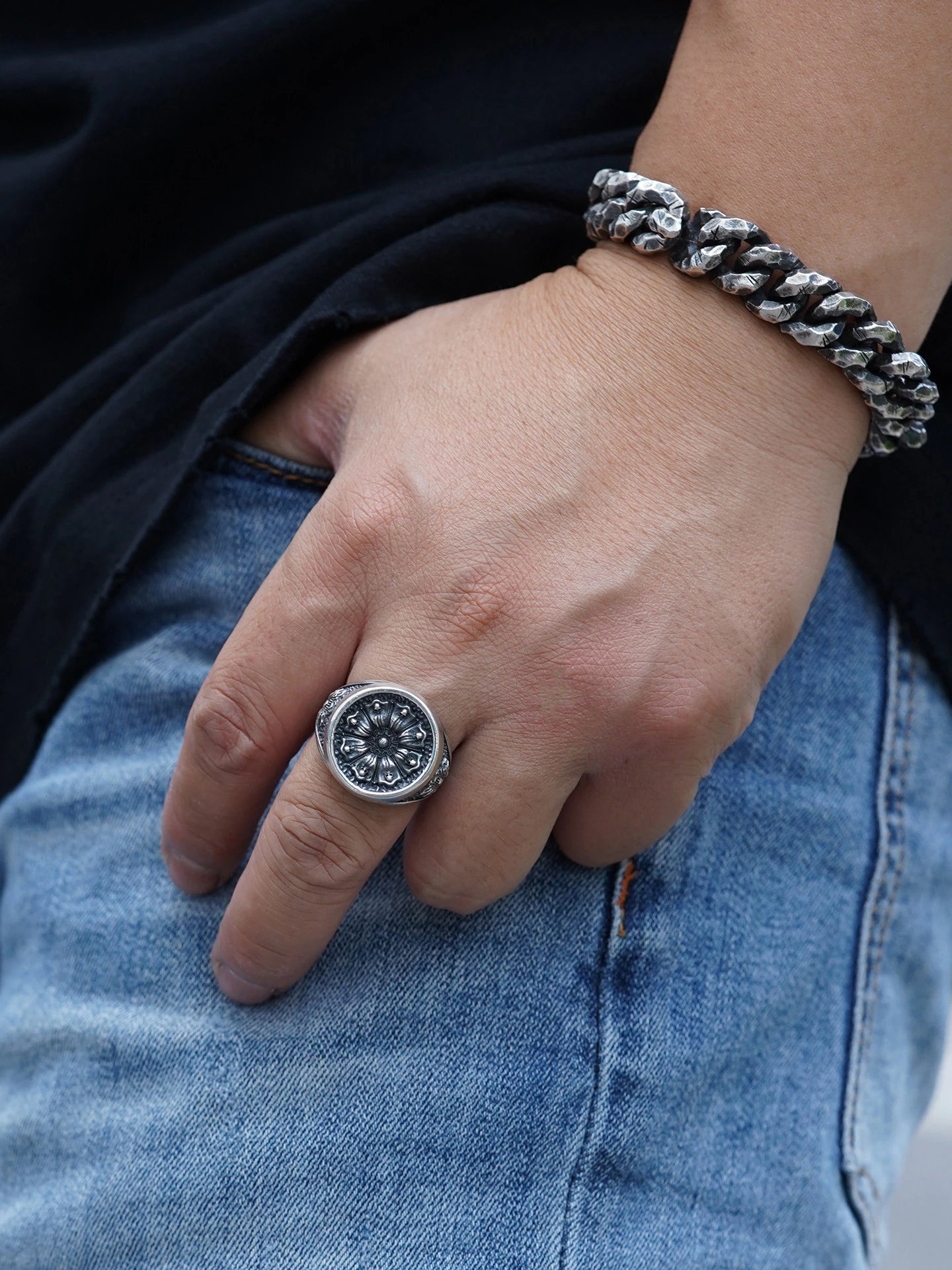 Skull Flower 925 Sterling Silver Biker Signet Ring product view 5