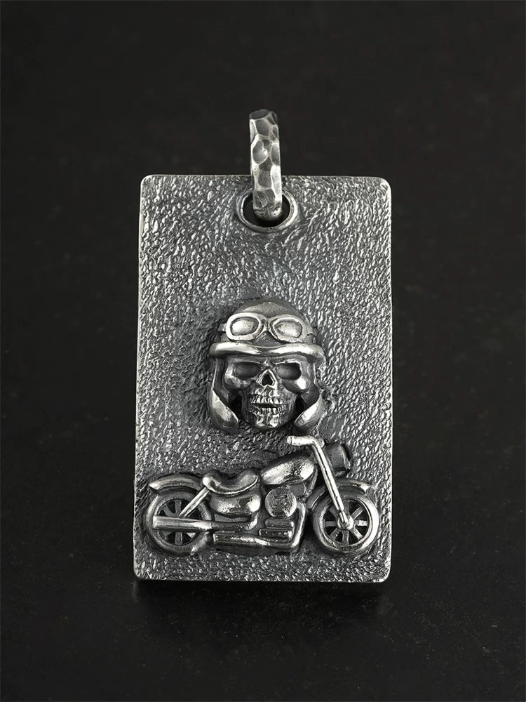 Front view of skull motorcycle rider sterling silver dog tag pendant