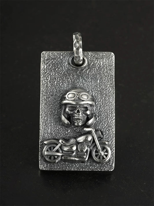 Front view of skull motorcycle rider sterling silver dog tag pendant