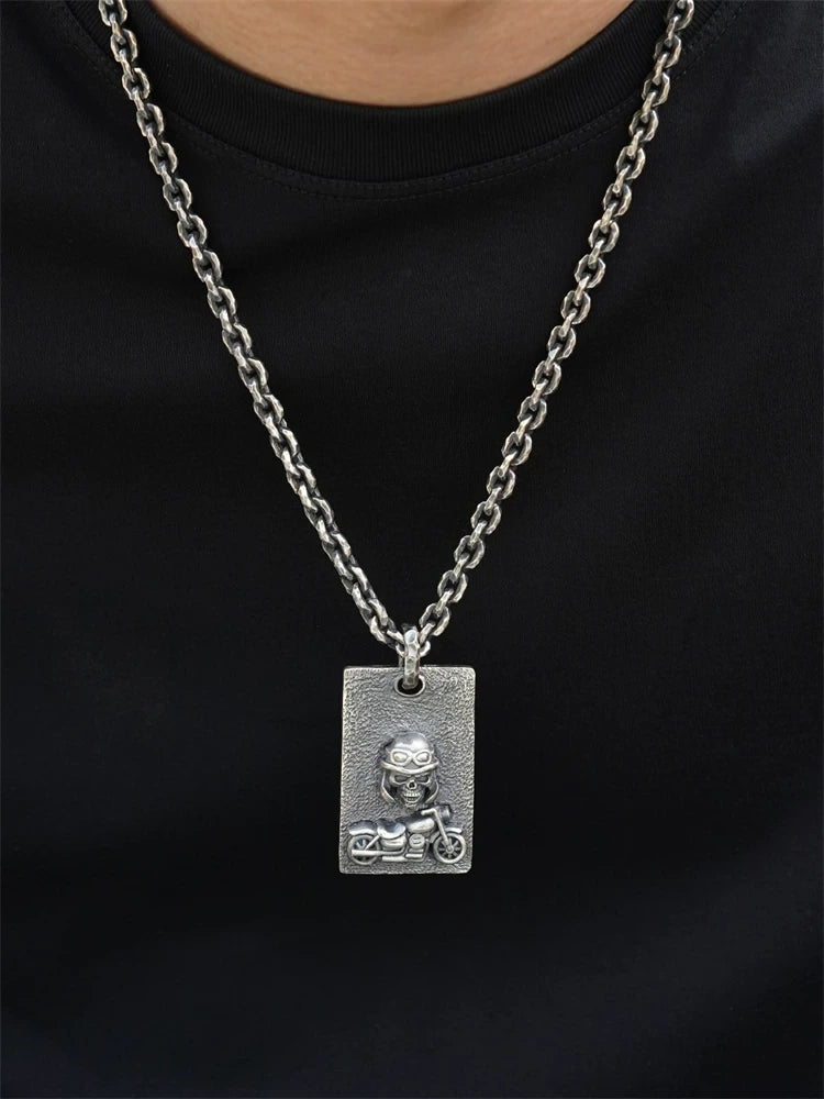 Skull motorcycle rider dog tag pendant worn on chain