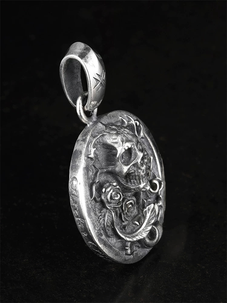 Skull and rose medallion sterling silver biker pendant, angled view
