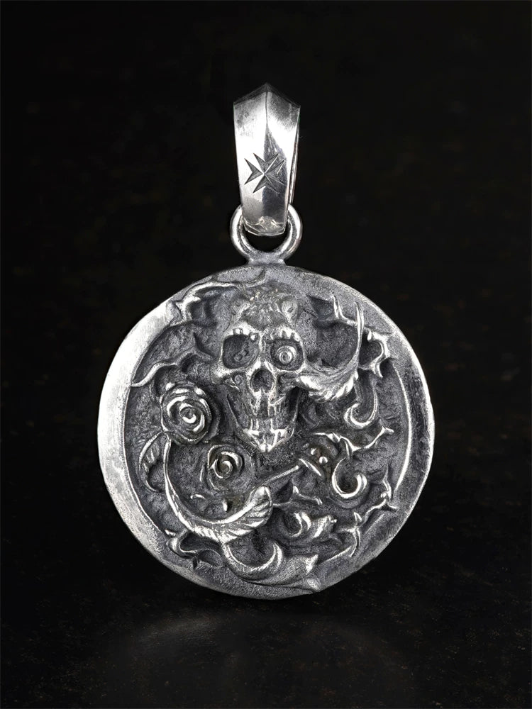 Skull and rose medallion sterling silver biker pendant, front view