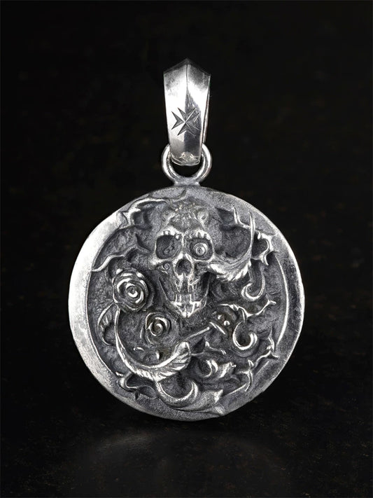 Skull and rose medallion sterling silver biker pendant, front view