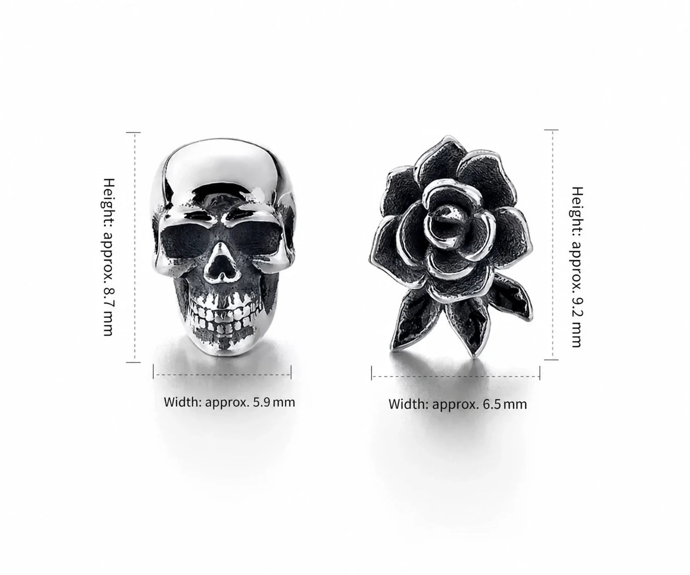Skull and rose stud earrings dimensions