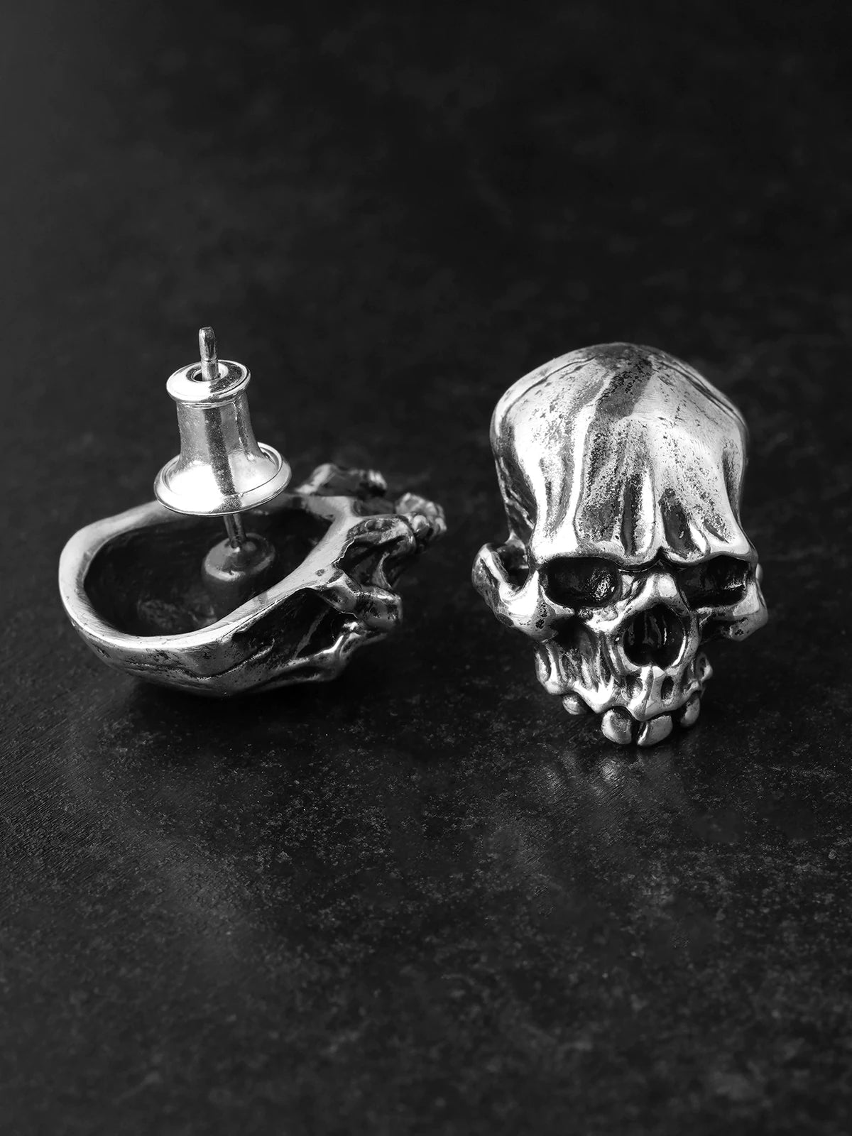 Skull Sterling Silver Biker Stud Earring detail view 2