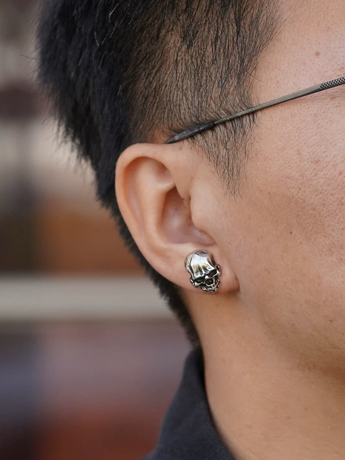 Skull Sterling Silver Biker Stud Earring detail view 4