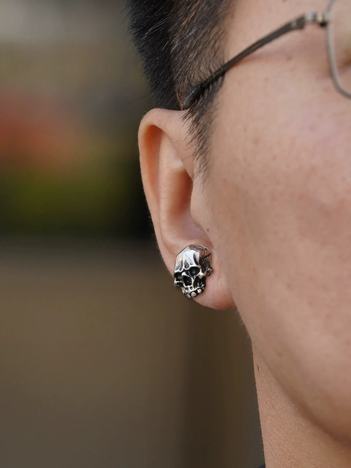 Skull Sterling Silver Biker Stud Earring detail view 5