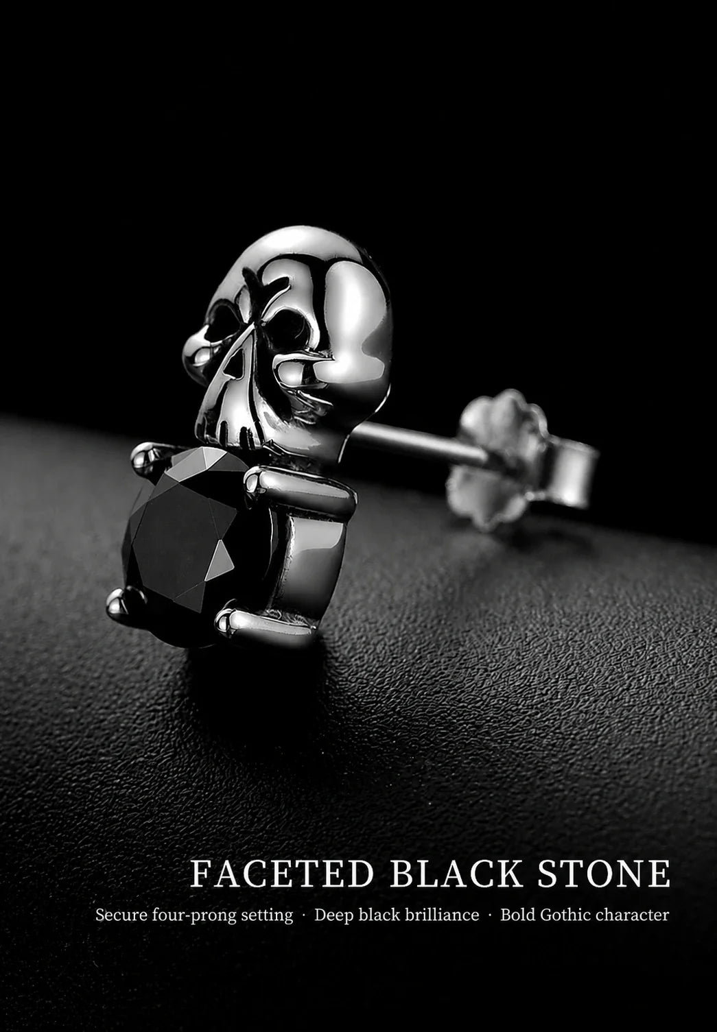 Sterling silver skull stud earring black stone details
