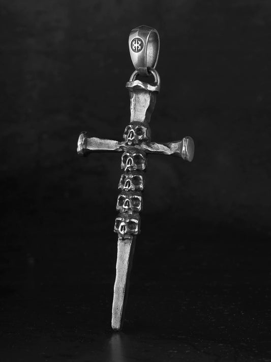 Skull sword cross sterling silver biker pendant front view