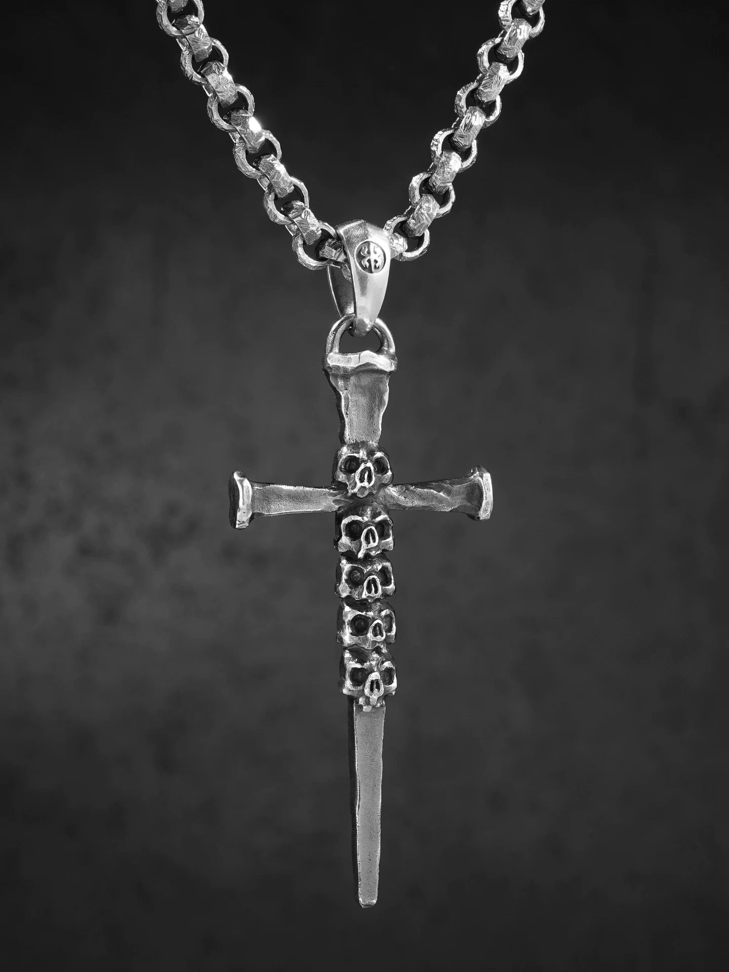 Skull sword cross biker pendant complete worn view