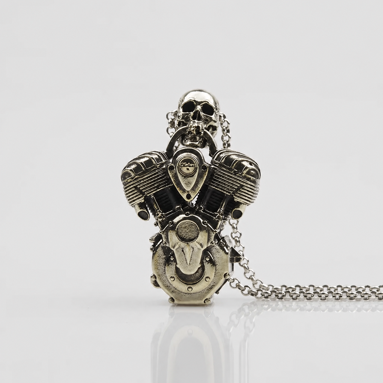 Skull V-twin engine biker pendant front view
