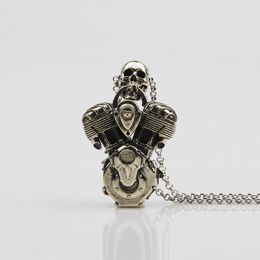 Skull V-twin engine biker pendant front view