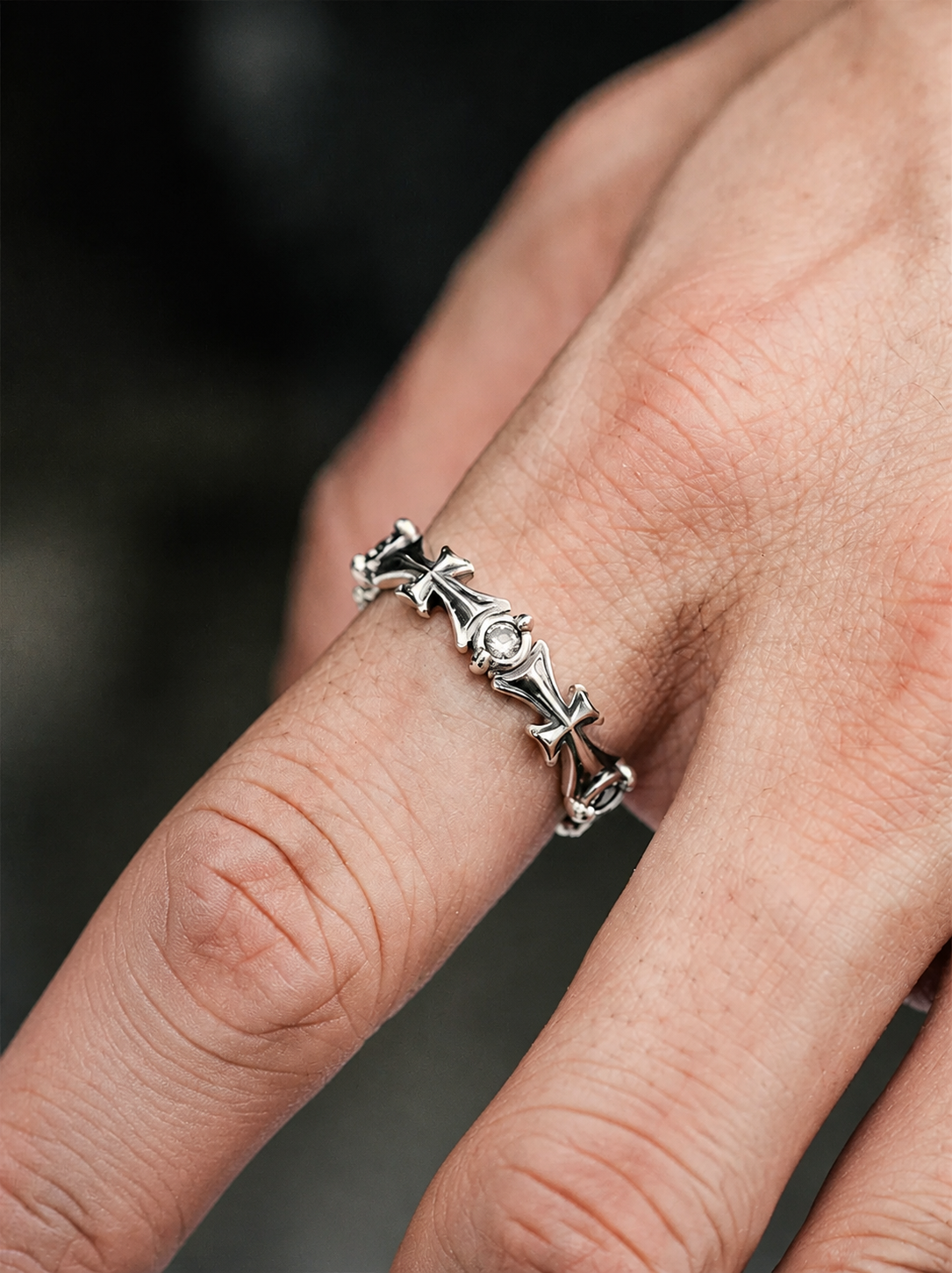 Slim Cross Sterling Silver Biker Ring - product view 2