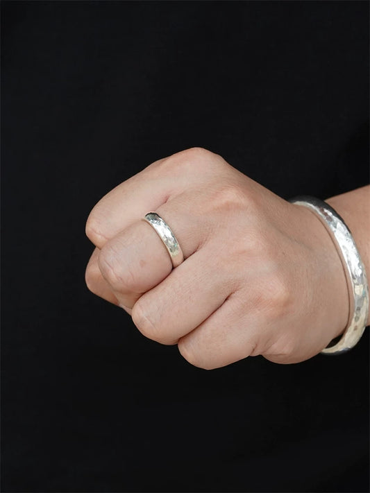 Slim Hammered 925 Sterling Silver Biker Band Ring product view 2