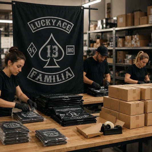 A fulfillment team prepares one sample flag and a boxed bulk order of custom motorcycle club flags.
