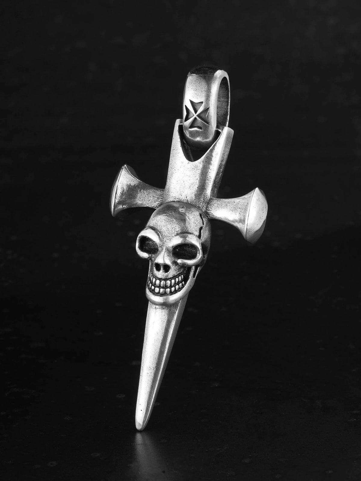 smiling skull dagger sterling silver biker pendant product view 1