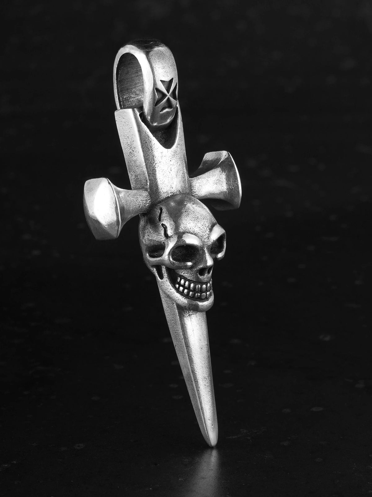 smiling skull dagger sterling silver biker pendant product view 2