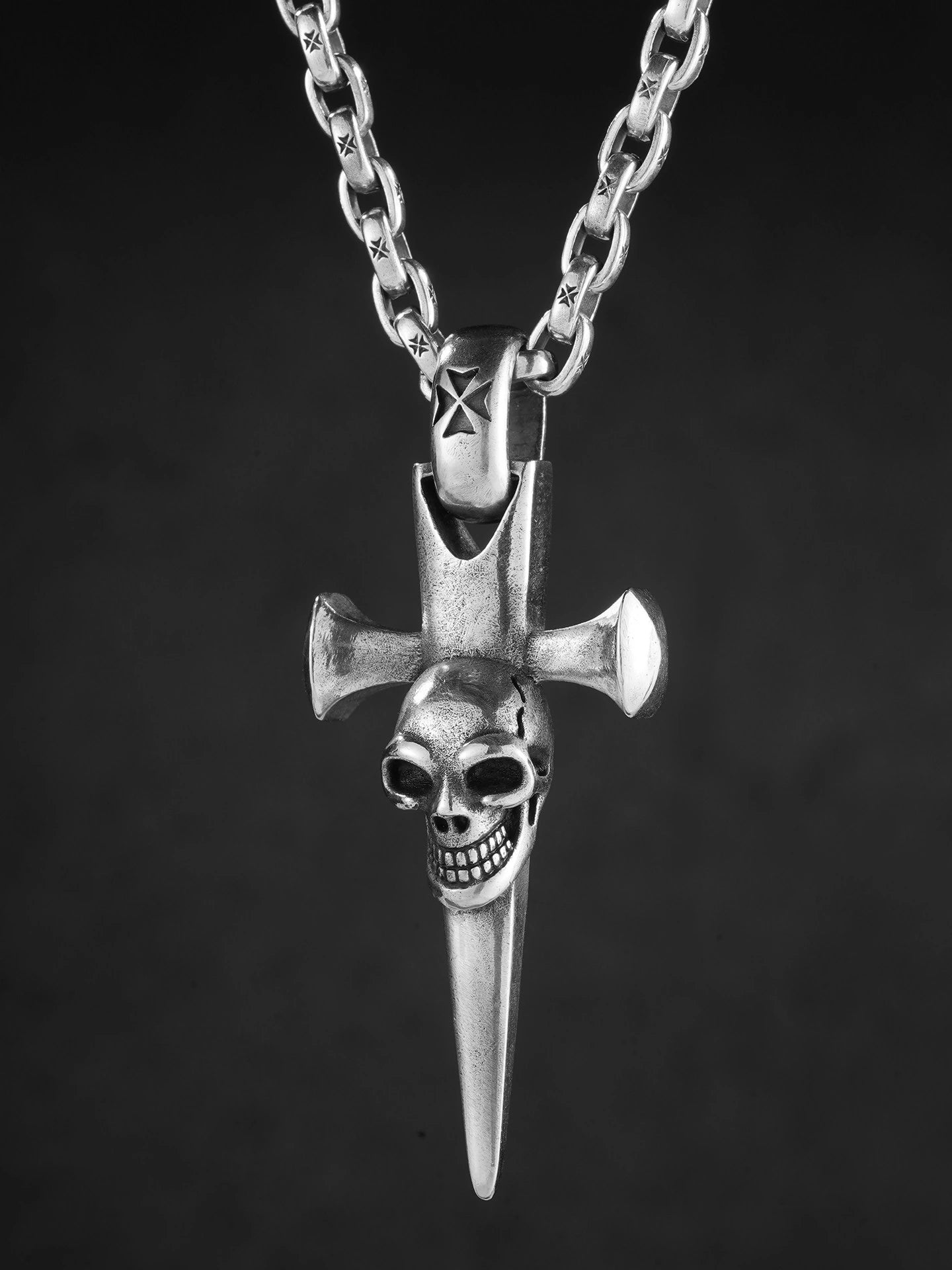 smiling skull dagger sterling silver biker pendant product view 3