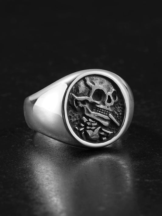 Smoking Skull Art 925 Sterling Silver Biker Signet Ring product view 1