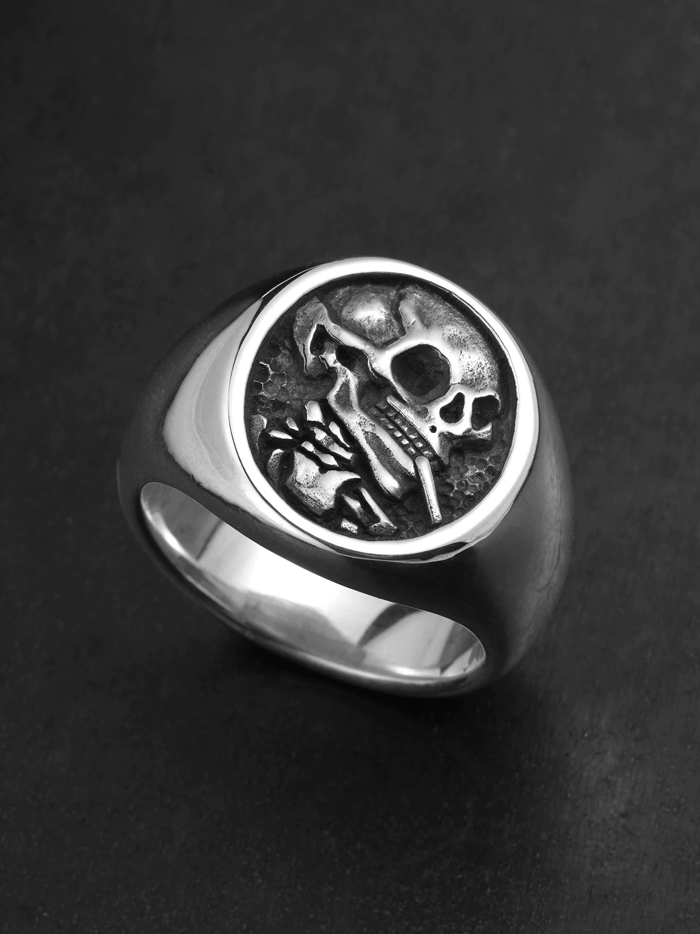 Smoking Skull Art 925 Sterling Silver Biker Signet Ring product view 2