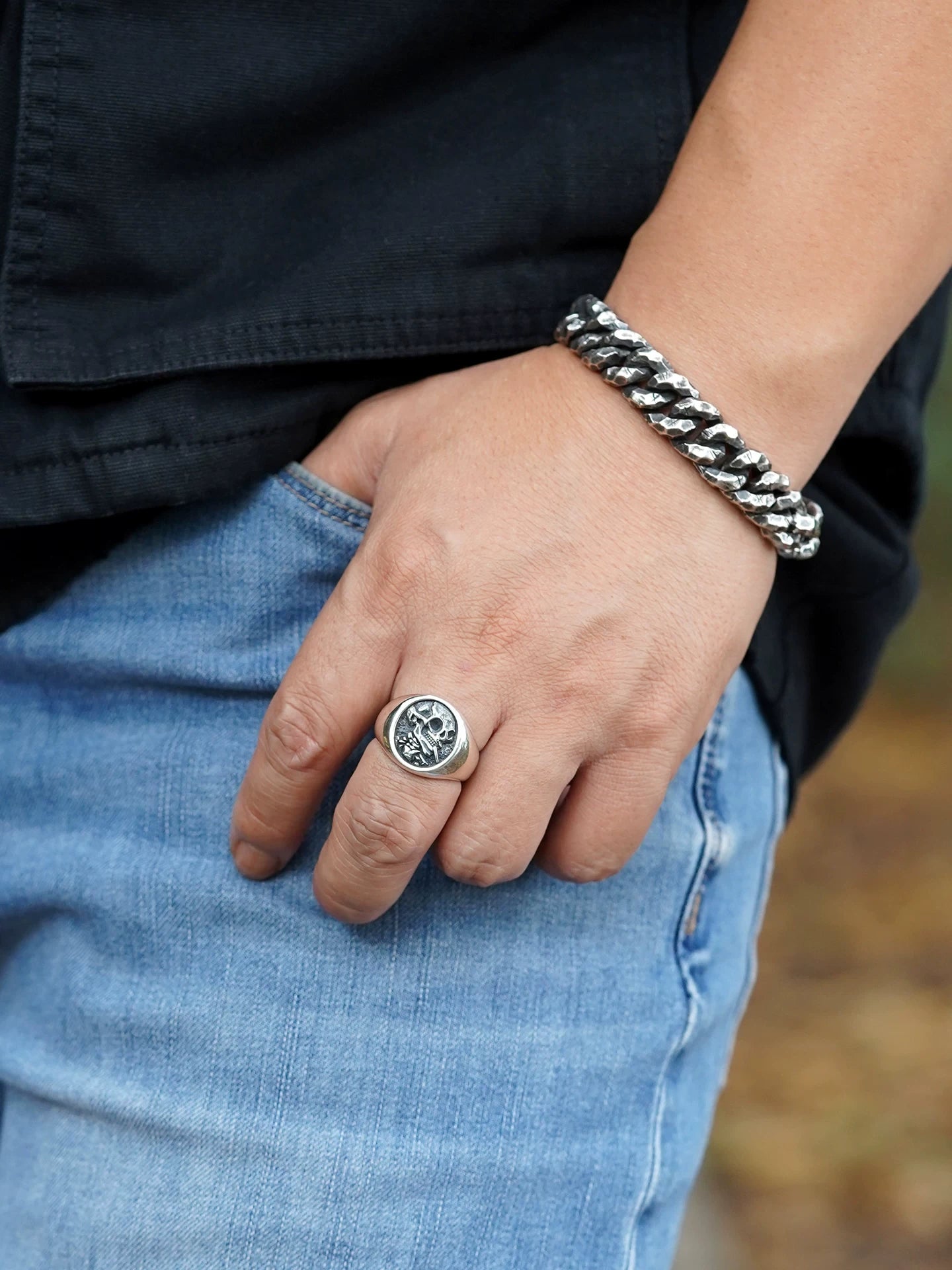 Smoking Skull Art 925 Sterling Silver Biker Signet Ring product view 4