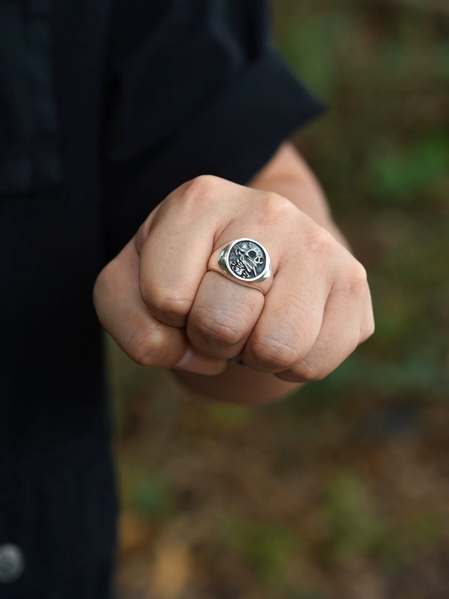 Smoking Skull Art 925 Sterling Silver Biker Signet Ring product view 5