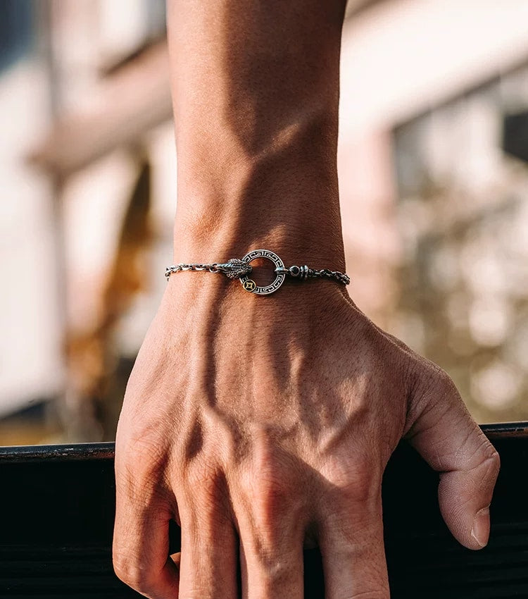 Snake Circle Sterling Silver Biker Bracelet – design view 1