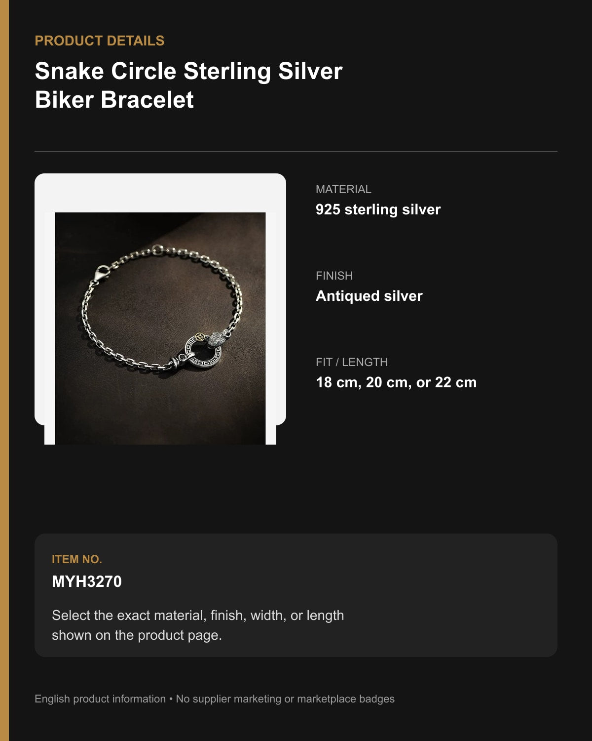 Snake Circle Sterling Silver Biker Bracelet – English product details