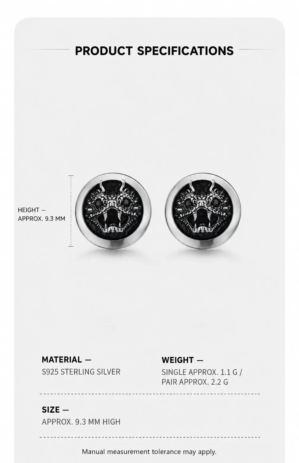 Sterling Silver Horned Viper Stud Earrings - size material and weight