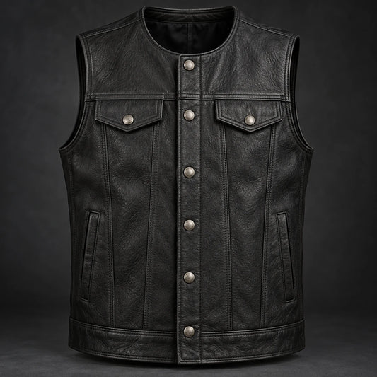 Buffalo motorcycle club leather vest with a classic snap-button front.