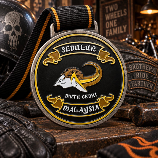 Recessed soft-enamel club colors between raised antique-metal borders. Custom motorcycle club medal.