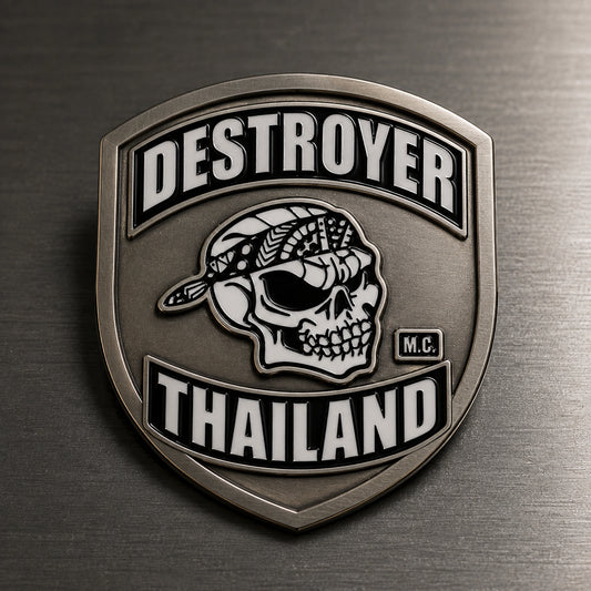 Soft enamel 2D biker pin with raised metal borders and recessed club colors.