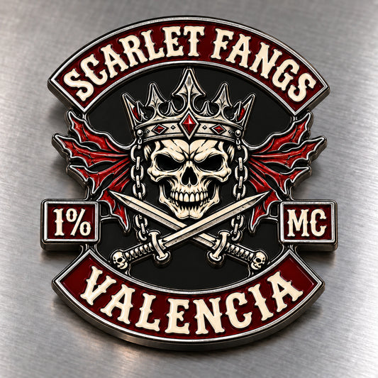 Soft enamel 2D biker pin with raised metal borders and recessed club colors.