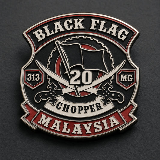 Soft enamel motorcycle club anniversary pin with recessed colors and raised metal borders.