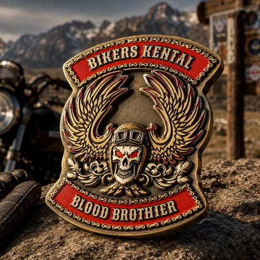 3D metal motorcycle club pin with recessed soft enamel colors