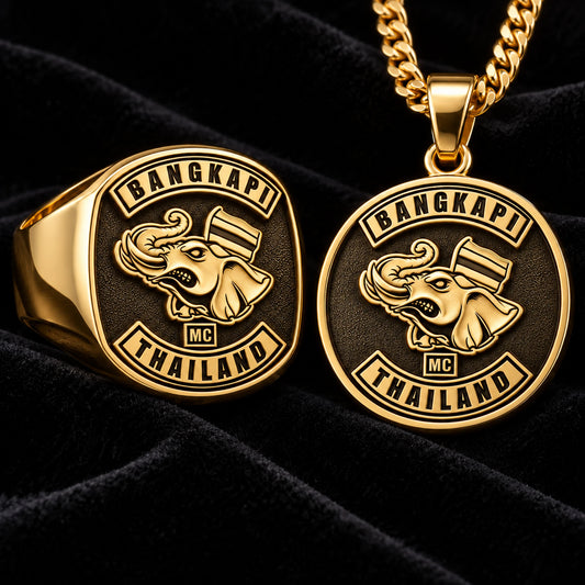 Solid 18K gold motorcycle club ring and pendant presented as premium ceremonial club pieces.