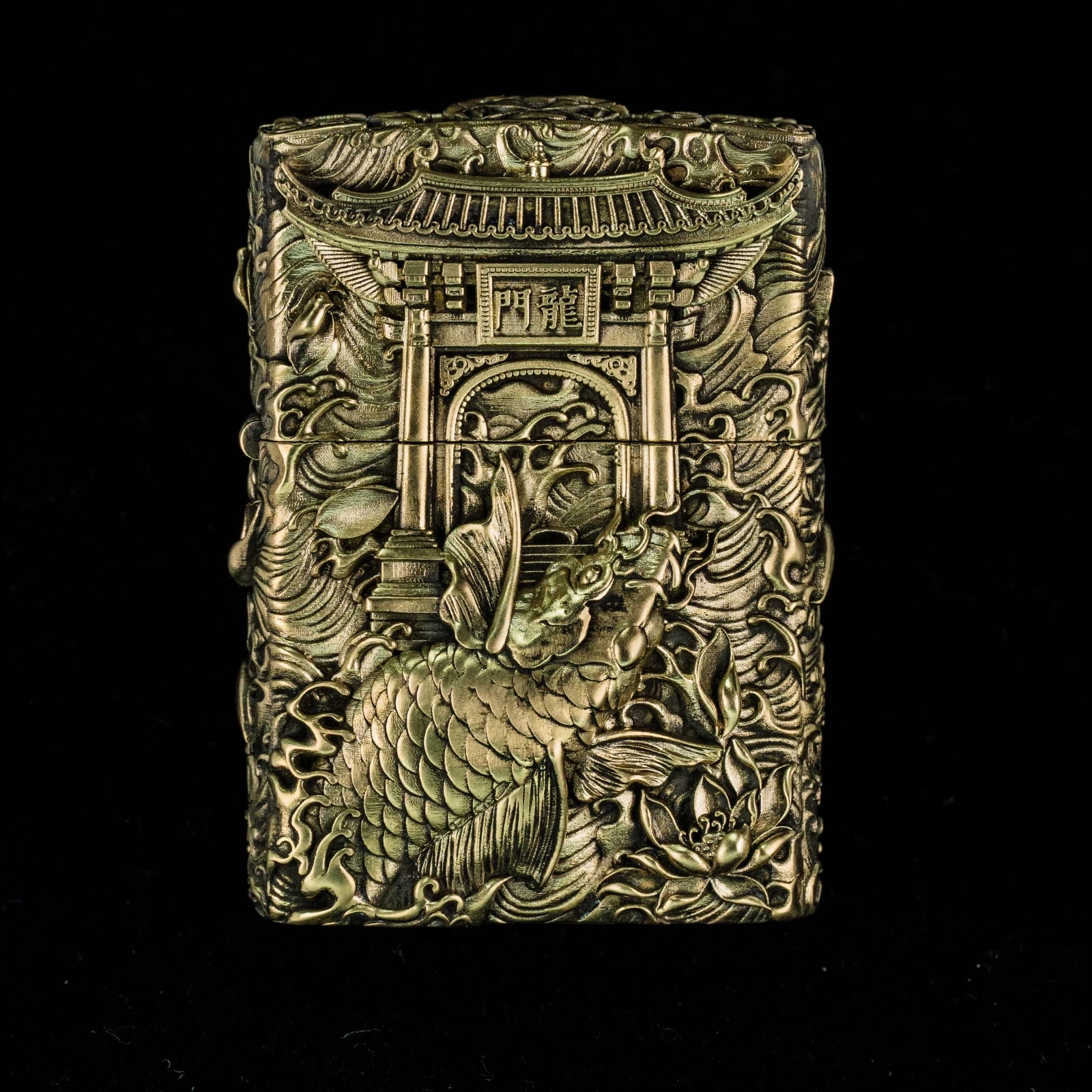 Solid Brass 3D Relief Biker Lighter – 24 Designs – Carp Leaping the Dragon Gate design