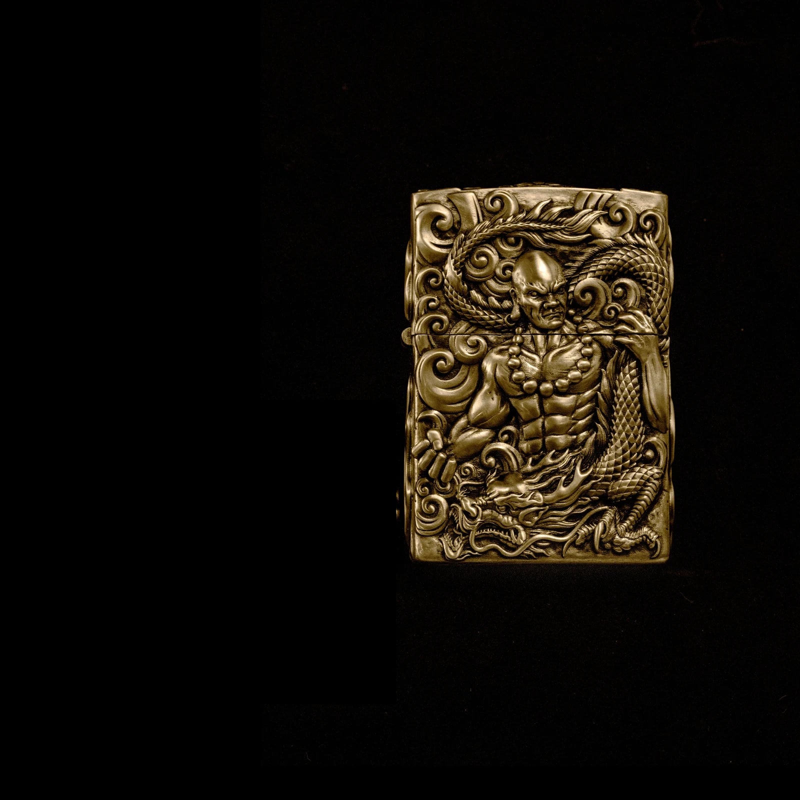 Solid Brass 3D Relief Biker Lighter – 24 Designs – Dragon-Taming Arhat design