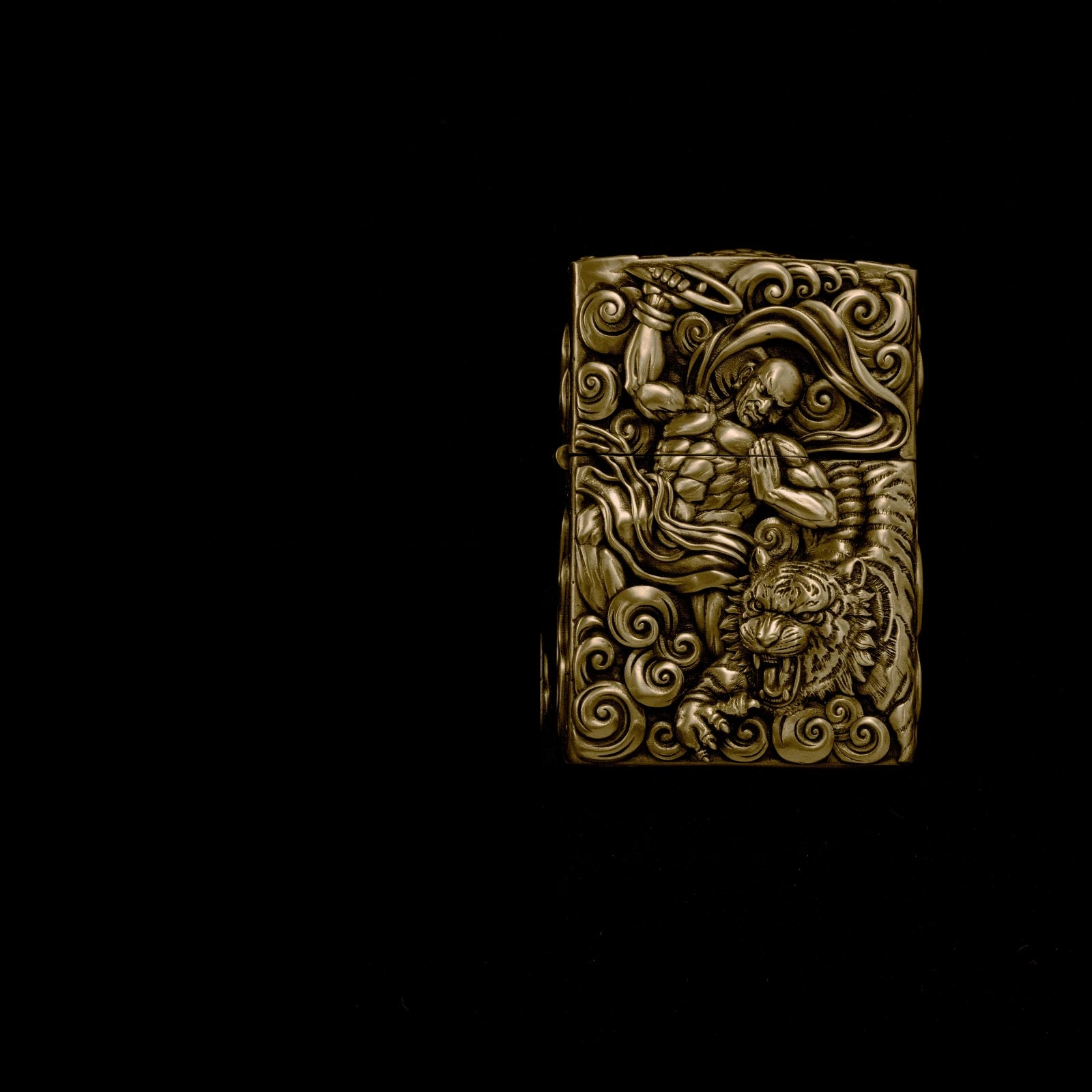 Solid Brass 3D Relief Biker Lighter – 24 Designs – Tiger-Taming Arhat design