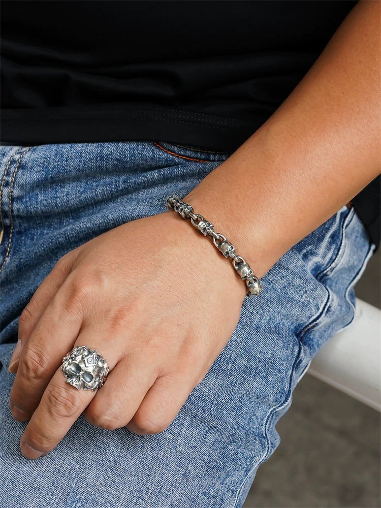 solid skull sterling silver biker bracelet product view 4