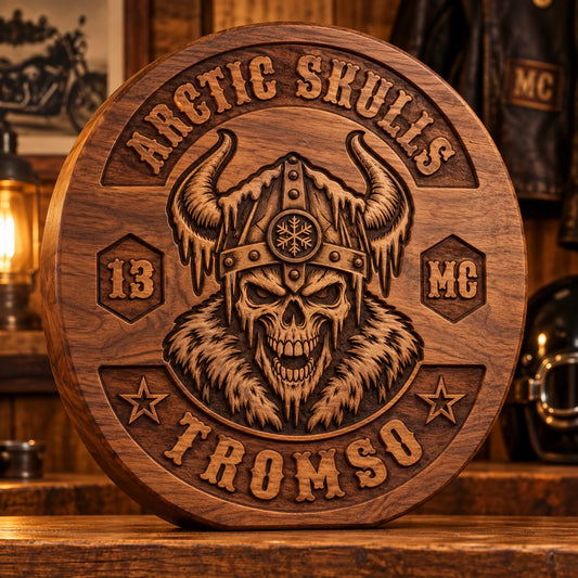 Solid walnut motorcycle club plaque with deep carving and visible natural wood grain.