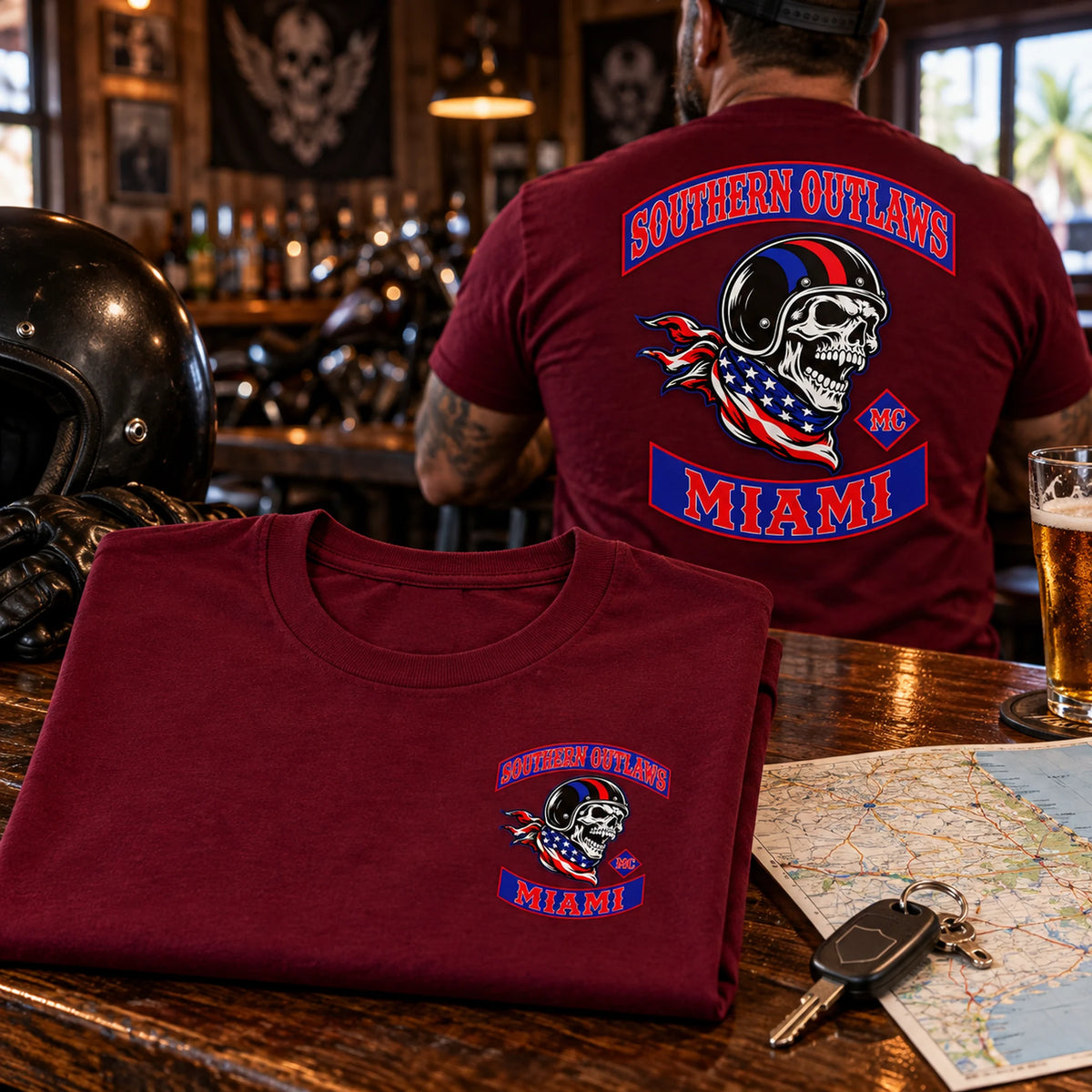 Southern Outlaws custom club T-shirts shown in a deep burgundy color.
