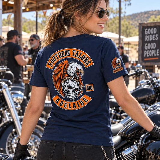 Southern Talons Adelaide rider wearing a lightweight navy cotton-blend club T-shirt with a small Adelaide sleeve mark at a warm-weather motorcycle rally.