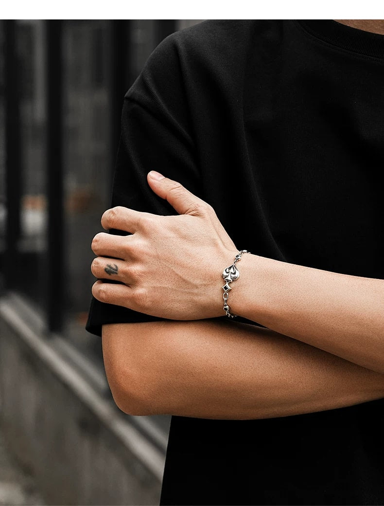 Spade Playing Card Sterling Silver Biker Bracelet – wrist and design view 1